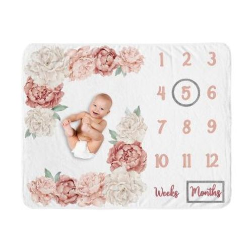 Sweet Jojo Designs Girl Baby Milestone Blanket Peony Floral Garden Pink and Ivory