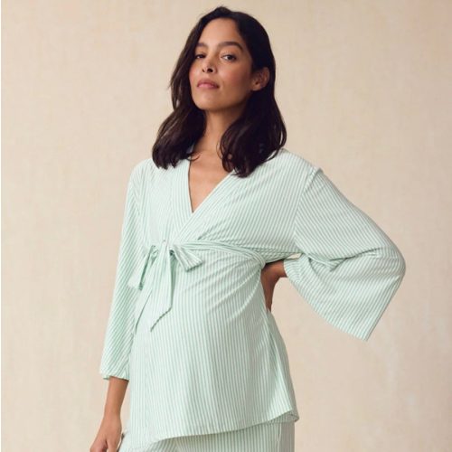LAKE | Women | DreamModal™ Pajamas | Parisian Green Pencil Stripe Maternity Kimono Bundle