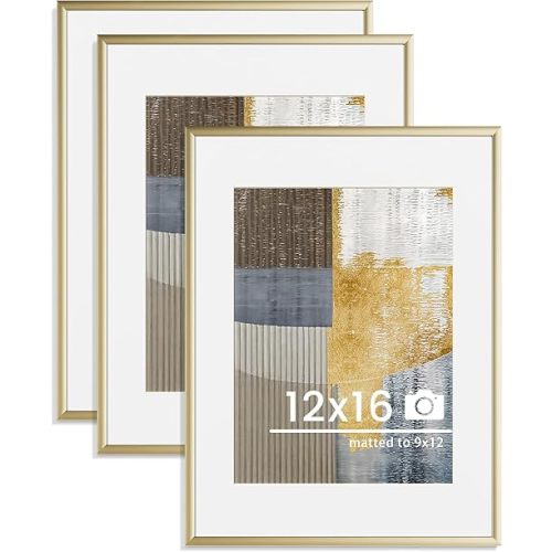 12x16 inch Metal Picture Frame - 12 x 16 Thin Aluminum Photo Frames with 9x12 Removable Mat - High Definition Plexiglass - Vertical and Horizontal Display - Wall Hook Hanging Hardware Included - Gold, Set of 3