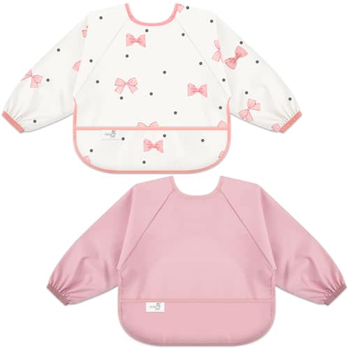 Long Sleeve Baby Bib, Waterproof Fabric, Catch-All Pocket, Baby Smock Bib, Adjustable Sleeves