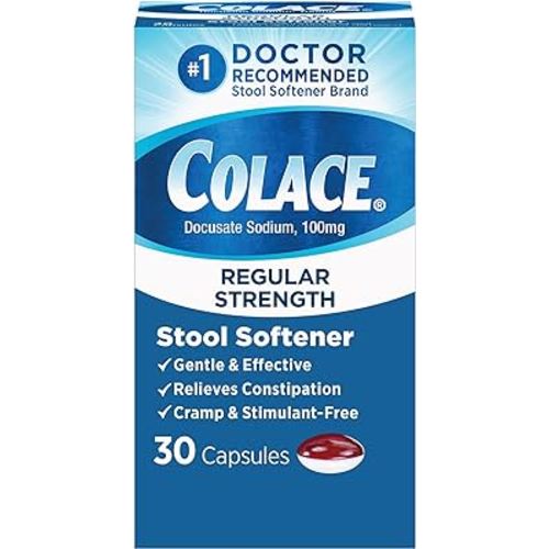 Colace Regular Strength Stool Softener for Gentle Effective Constipation Relief, No.1 Doctor Recommended Stool Softener Brand, 100 mg Docusate Capsules, 30 Count