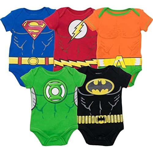 DC Comics Justice League Baby 5 Pack Costume Bodysuits Newborn to Infant Sizes (0-3 Months - 24 Months)