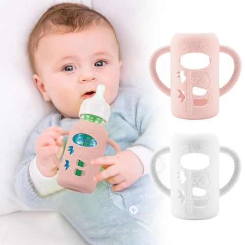 2 Pack Silicone Sleeves for Dr. Brown's Glass Baby Bottles, Anti Breakage Durable Baby Bottle Holder with Easy Grip Handles, Narrow Sleeve with a Cutout, Dishwasher/Freezer/Microwave Safe, 4 oz