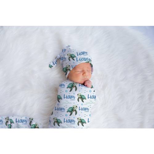 Turtle Swaddle Set, Sea life Personalized Baby Blanket, Baby Blanket, Personalized Baby Blanket, Baby Gift, Ocean Theme Swaddle Set O33