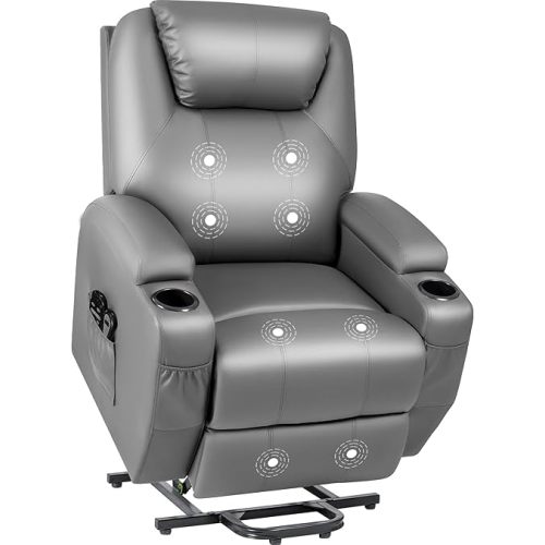 JUMMICO Power Lift Recliner Chair with Massage for Elderly PU Leather Modern Reclining Sofa Chair with Cup Holders, Remote Control, Adjustable Furniture (Gray)