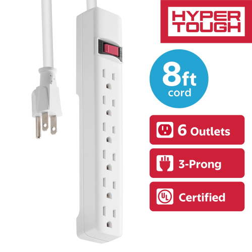 Hyper Tough 6-Outlet Indoor Power Strip, 8 ft Extension Cord, ETL Certified, White
