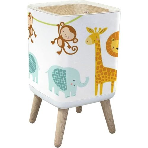 Trash Can with Lid A Set Cute Jungle Animals Elephant Lion Giraffe Monkey Garbage Can Rectangular Waste Bin Press Cover Dog Proof Wastebasket for Kitchen Bathroom Living Room Nursery