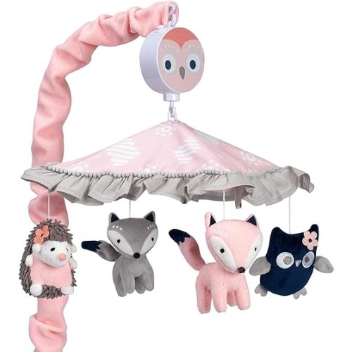 Lambs & Ivy Forever Friends Pink/Gray Woodland Owl/Fox Musical Baby Crib Mobile