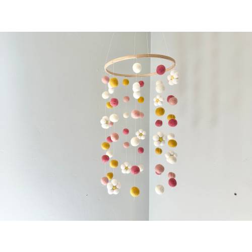 Customizable Daisy Flower Ceiling Mobile - Pinks, Gold, White Floral Themed Nursery Room - Girls Baby Shower Pom Decor - Felted Ball Flowers