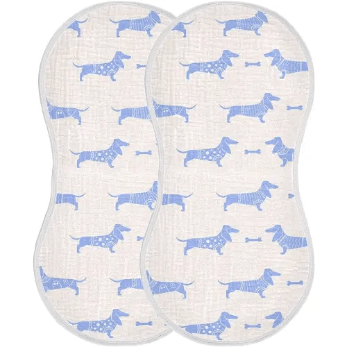 Cute Dachshund Dog and Bone Pattern Muslin Burp Cloths for Baby 2 Pack 100% Cotton Baby Washcloths Bibs for Boy Girl