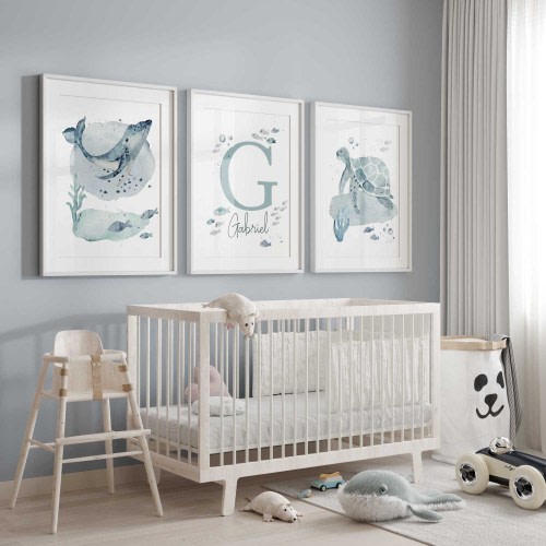 Under The Sea Watercolor, Ocean Nursery Prints, Sea Animals Personalized Boy Name Print, Whale Turtle Fish Baby Room Decor Custom Name