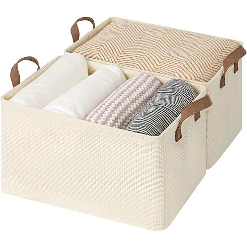 StorageWorks Storage Bins, Shelves Baskets for Organizing, Large Fabric Closet Organizers with Handles, Metal Frame, Beige(Texture), 2-Pack