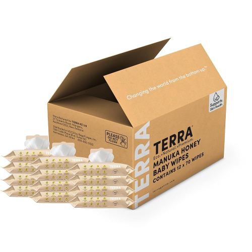 Terra Bamboo Baby Wipes: Manuka Honey, 99.5% Pure New Zealand Water, 100% Biodegradable Bamboo Fiber, 0% Plastic, Unscented Baby Wipes for Sensitive Skin, 12 Packs of 70 Wipes
