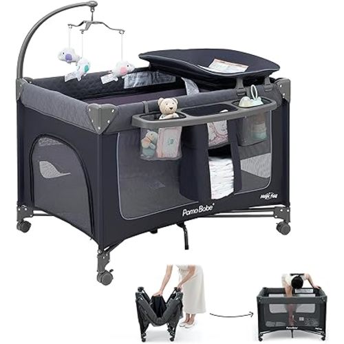 Pamo Babe 3-in-1 Baby Playard, Basic Magic Fold Nursery Center with Zip Door & Changing Table, One Second to Set Play Yard