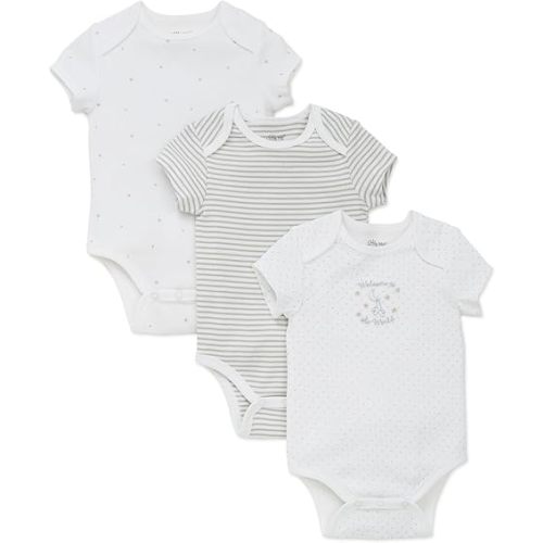 Little Me Baby Gender Neutral 3-Pack Short Sleeve Bodysuit Scratch Free 100% Cotton, Quick Snap Closures