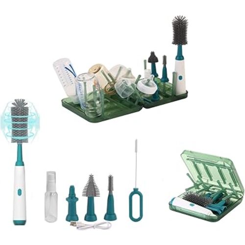 Portable Electric Bottle Brush Cleaner and Drying Rack Set, Foldable Bottle Drying Rack with 16 Ribs, Automatic Bottle Cleaner Brush Help Thorough Cleaning of Baby Bottles and Breast Pumps,Green
