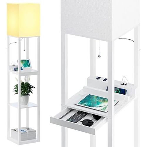 SUNMORY Dimmable Floor Lamp with Shelves,Modern Solid Wood Standing Lamp with 1 Drawer and 2 USB Ports & 2 Power Outlet,Corner Tall Bookshelf Lamp for Living Room and Bedroom(White)