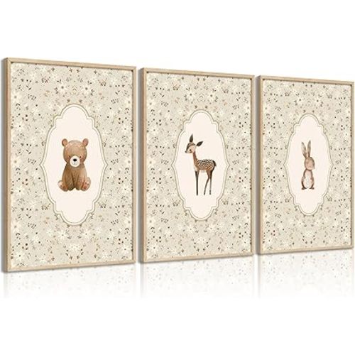 Vintage Woodland Animals Nursery Canvas Wall Art Cute Bunny Bear Deer Picture Wall Decor Country Poster Painting Print Neutral Artwork for Girls Room Kids Room Baby Room Bedroom Farmhouse Decortion