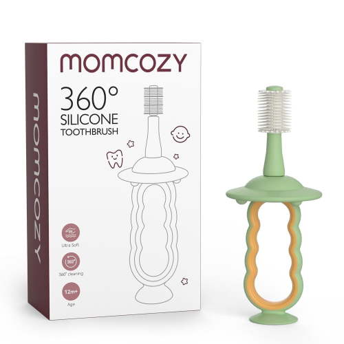 Momcozy Infant Toothbrush, Extra Soft Bristles, 6 to 12 Months+, Oral and Tongue Cleaner, Green