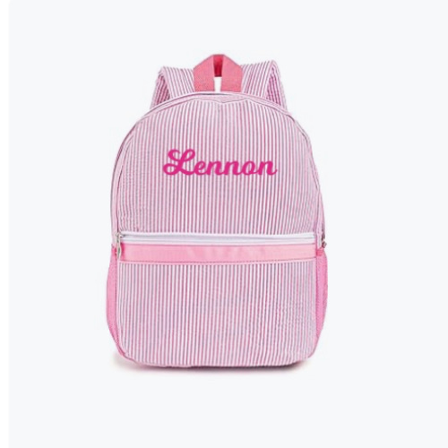 MT WORLD Personalized Toddler Backpack for Girls 5-9 Seersucker Daycare Backpack with Name Preppy Packpacks Kids Bookbags for Daily School Birthday Gifts (Pink)
