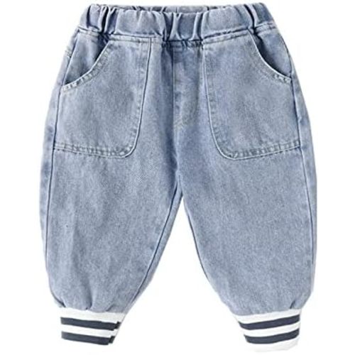 Baby Boys Girls Ruffled Elastic Waist Pull on Slant Pockets Jeans Toddler Patchwork Striped Outfits Denim Pants