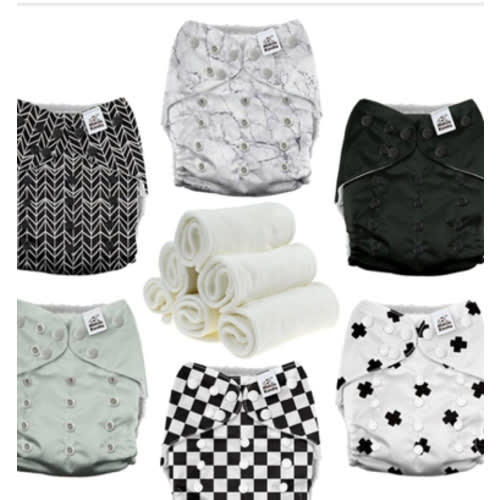 Mama Koala 3.0 Pocket Cloth Diapers for Babies with AWJ Lining, 6 Pack with 6 4-Layer Natural Cloth Diaper Inserts - Reusable and Washable Pocket Diapers (Black and White)