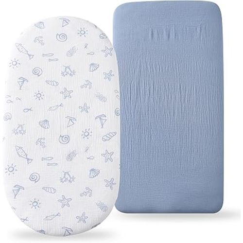 Organic Cotton Muslin Bassinet Sheets, 2 Pack – Soft, Breathable, Universal Fit for Oval, Rectangle & Hourglass Mattresses, Machine Washable, Neutral Colors for Baby Boys & Girls