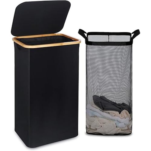 100L Laundry Basket with Lid and Net Bag, Tall Laundry Hamper with Bamboo Handles, Aesthetic Dirty Clothes Bin for Laundry Room, Bathroom, Bedroom and Dorm, Black