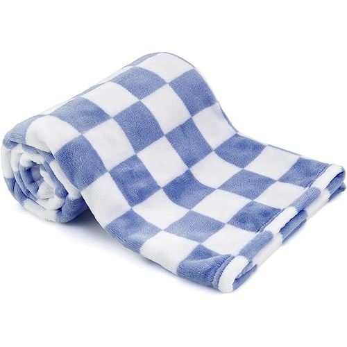 Plush Checkered Baby Blanket for Boys Girls Nursery, 30"*41" Warm Short Fleece Blanket Neutral for Infant Newborn, Small Fuzzy for Sleeping, Chenille or Stroller (Dark Blue&White)
