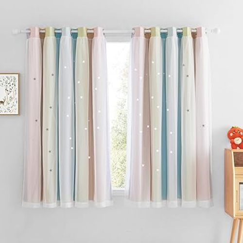 NICETOWN Living Room Curtains for Home Decor, Rainbow Star Cutout Curtains for Girls Bedroom Kids Curtains for Nursery, Extra Wide Sliding Door Curtains, 2 Panels, 70 x 63 inch, Rainbow