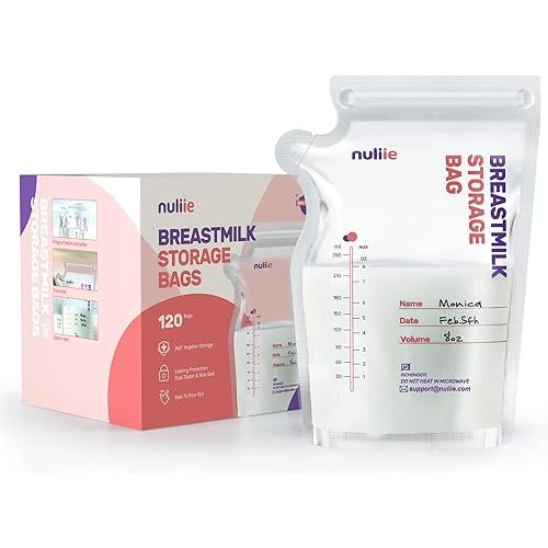 Nuliie 120 Pcs Breastmilk Storage Bags, 8 OZ Breast Milk Storing Bags, BPA-Free, Milk Storage Bags with Pour Spout for Breastfeeding, Self-Standing Bag, Space Saving Flat Profile