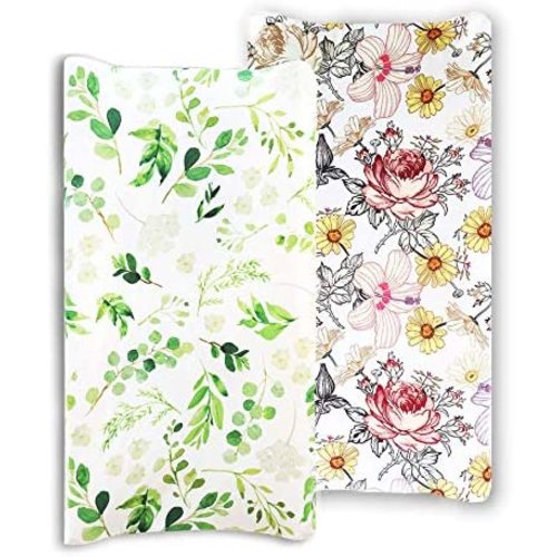 Baby Floral Diaper Changing Pad Cover Cradle Mattress, 2 Pack Floral Changing Table Cover, Green Leaf Changing Pad Covers