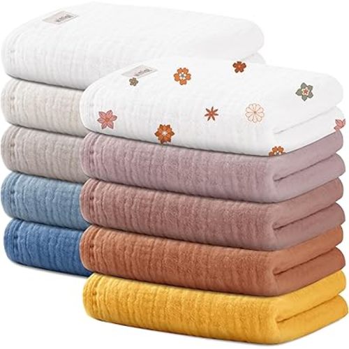 10 Pack Baby Washcloths, Baby Muslin Washcloths, Baby Wash Cloths Face Cloths, Suitable for Newborns, Children, 10 x 10 inches