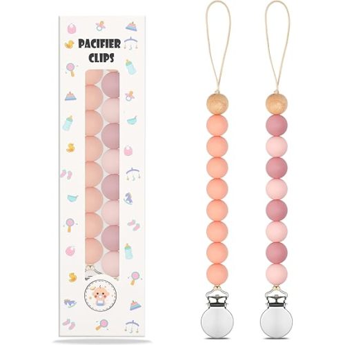 Pacifier Clips, 2PCS Baby Silicone Pacifier Clip for Boy Girl Soother Clips with Silicone Beads, 100% Food Grade Pacifier Holder for Newborn Essentials Gifts (Pink)