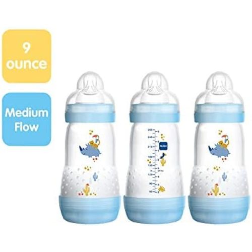 MAM 9oz Easy Start Anti-Colic Baby Bottles, Medium Flow, Breastfeeding-Like Silicone Nipple Bottle, Reduces Colic, Gas, & Reflux, Easy-to-Clean, BPA-Free, Colors May Vary