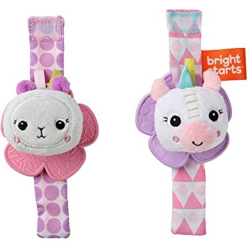 Bright Starts Rattle & Teethe Wrist Pals Toy, Unicorn & Llama, Newborn+, 2 Count