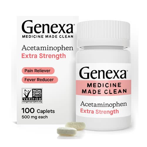 Genexa Clean Acetaminophen Extra Strength, Dye Free Pain Reliever & Fever Reducer, 0% Artificial Additives, Pain Relief for Headache, Backache, Toothache, & Minor Arthritis, 500mg, 100 Caplets