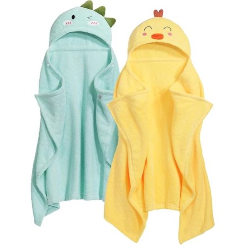 Hooded Towels for Toddlers, 2 Pack Thick Toddler Hooded Bath Towels, Soft Absorbent Toddler Bath Towels Age 1-5, 50 x 32 Inches Animal Hooded Towels for Toddler, Yellow Chick &Green Dinosaurs