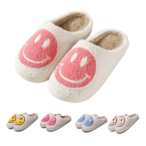 FACAXEDRE Smile Face Slippers for Women - Indoor Outdoor Retro Happy House Slides, Soft Fluffy Cushion Furry Shoes