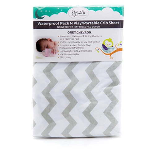 Waterproof Pack N Play/Portable Crib Sheet - No need for Mattress Pad Cover -2 Pack Grey Chevron and Polka Dot