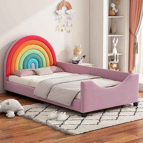Merax Rainbow Design Velvet Upholstered Twin Daybed for Children's Room, Bedroom, Cute Style Metal Bed Frame with Solid Slats Support for Girls, Boys, Teens, No Box Spring Needed, Pink