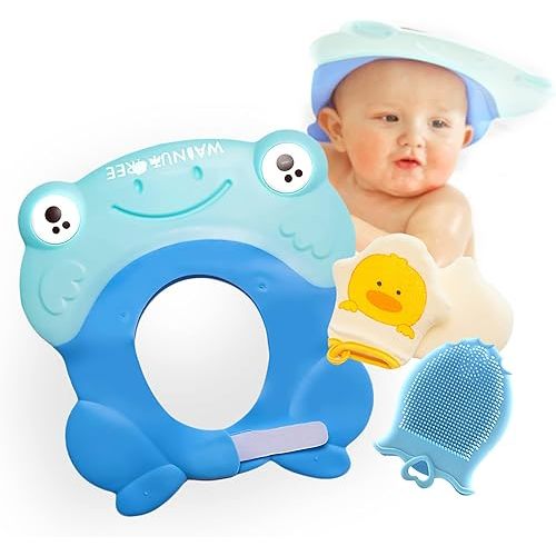 Walnut Tree Baby - Baby Bath Kit, Baby Bath Visor, Baby Scalp Brush Mitt & Ducky Baby Bath Sponge, 3-Piece Baby Bath Accessories Kit, Strap Blue Bathing Set