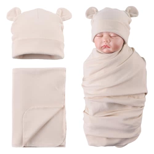 PESAAT Cotton Baby Swaddle Hat Set Newborn Infant Hats Receiving Blankets for Baby Boys Girls