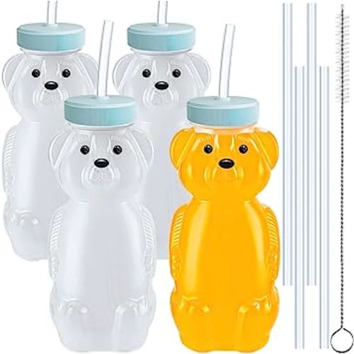 4 PCS Honey Bear Straw Cup, Baby Straw Cups with 8 Flexible Straws and 1 Straw Brushes, 8oz Special Supplies Juice Bear Bottle for Infant Feeding, Drinking Needs of Those with Poor Oral Health (Blue)