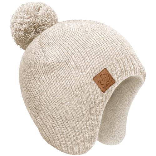 Baby Beanie Winter Hat 6-36 Months - Cute Pom Winter Baby Hats with Earflaps, Soft & Stretchy Knit Toddler Beanies for Infant, Newborn 6-36 Months Boys, Girls, Cozy, Warm Fall Essentials (Cream, M)