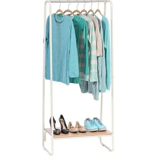 IRIS USA Clothes Rack for Hanging Clothes with Bottom Wood Shelf, Freestanding Clothing Rack, Easy to Assemble Garment Rack, Metal, Sturdy Design, Multipurpose, Small Space Storage Solution, White