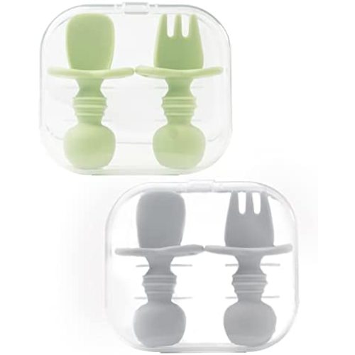 4 Pcs Baby Spoons Self Feeding 6 Months, Silicone Baby Spoons First Stage and Baby Fork, Toddler Utensils for Baby Led Weaning with 2 Cases (Green, Grey)