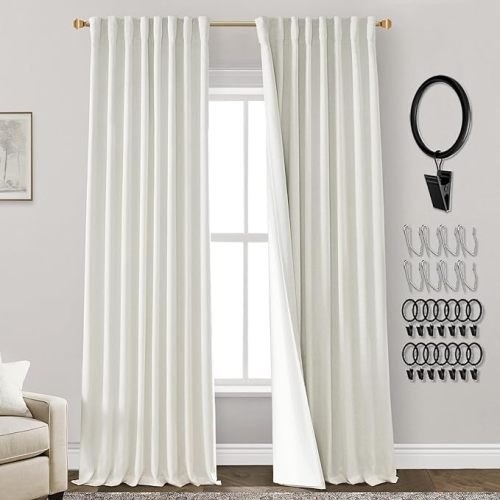 90 Inch Long Blackout Curtains for Living Room,2 Panel Set Pleated Linen Cream Ivory Boho Black Out Darkening Insulated Thermal Curtains for Sliding Glass Patio Door,Hooks Back Tab,52x90 in Length - 52"W x 90"L