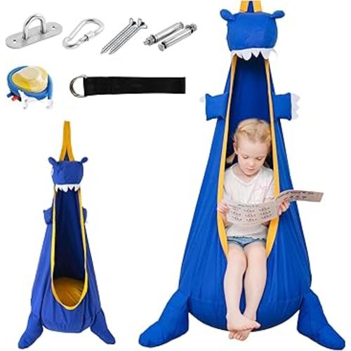 Kids Pod Swing Seat, Dinosaur Shape Canvas Swing Chair, Child Sensory Swing Hammock with Hanging Kits for Indoor/Outdoor Use (Deep Blue)