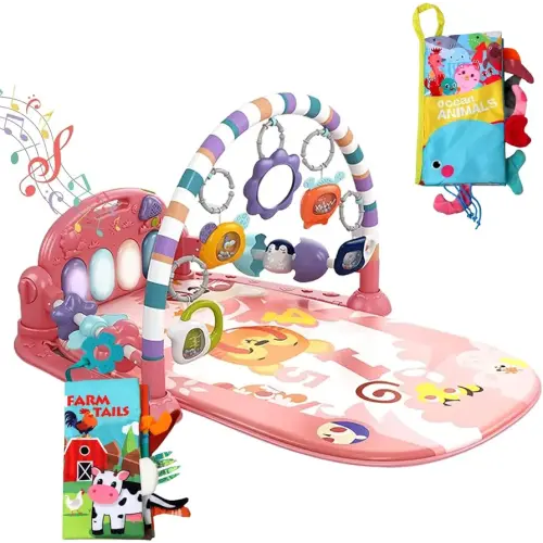 dearlomum Baby Play Mat Baby Gym,Funny Play Piano Tummy Time Baby Activity Mat with 5 Infant Sensory Baby Toys & 2 Baby Book Toys, Boy & Girl Gifts for Newborn 0 to 3 6 9 12 Months(Pink)